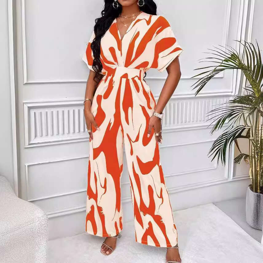 Wide Leg Jumpsuit Spring And Summer New Women S Clothing Full Body Printed Bat Sleeves Wide Leg Jumpsuit
