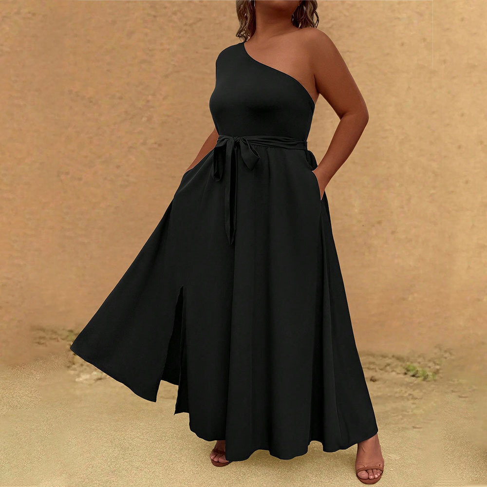 Large Size Womens Socialite Style Dress Summer New Item Sloping Collar Off Shoulder French High-end Long Dress