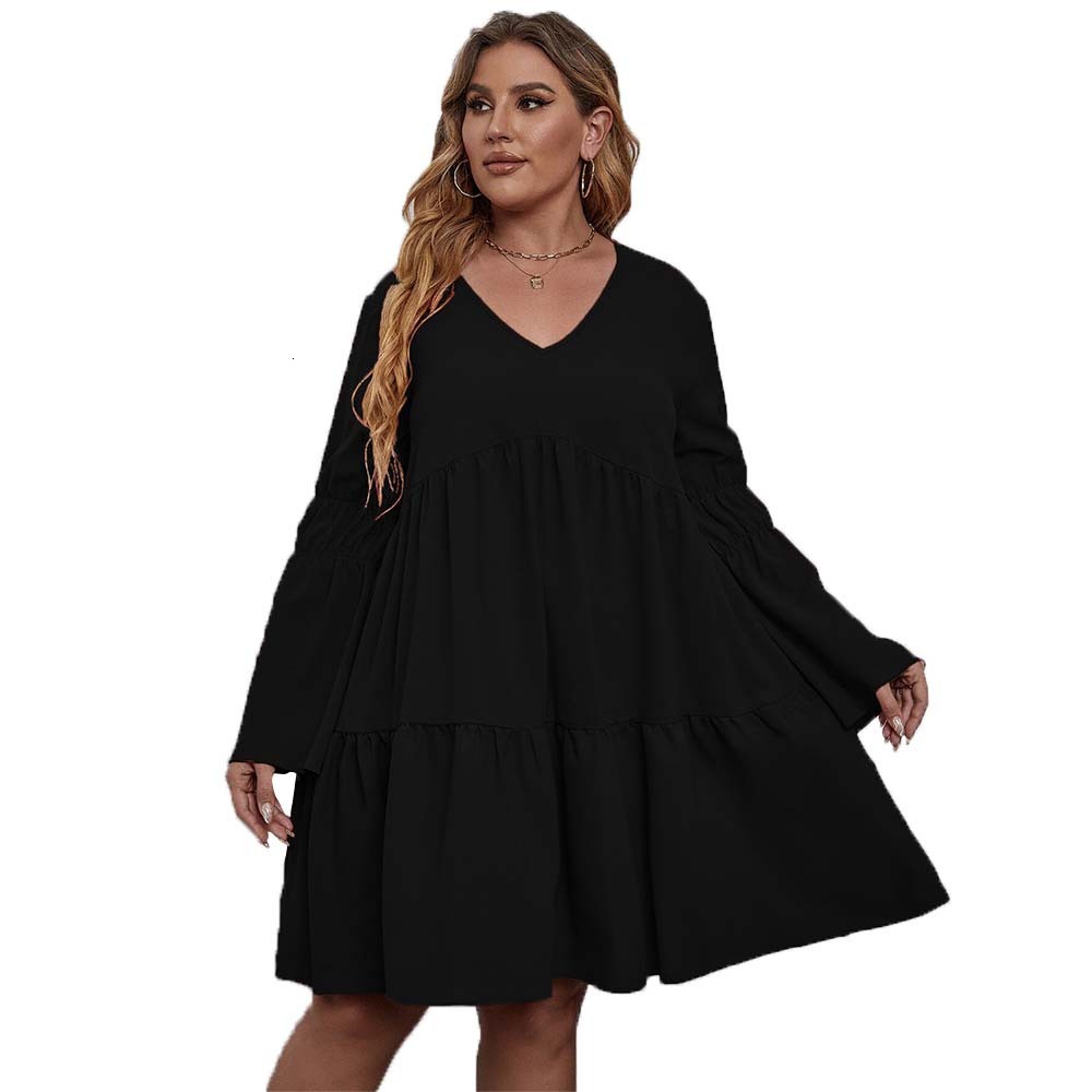Plus Size Womens Elegant and Sweet Style Dress Autumn and Winter V-neck Loose Slimming Mid Length Skirt
