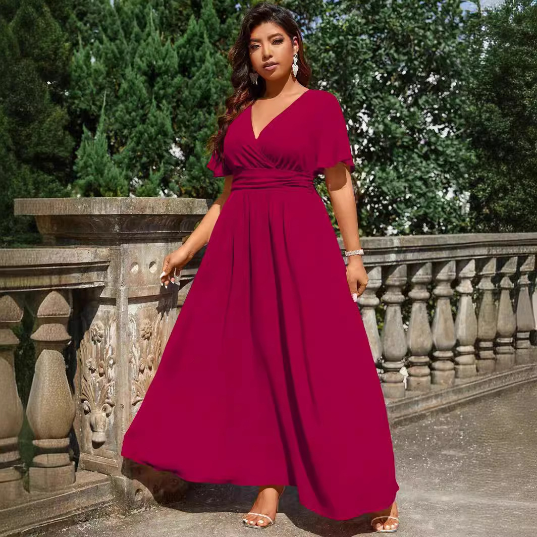Plus Size Womens V-neck Dress Summer New Style Slim Fit Leisure Vacation Beach Mid Length Skirt
