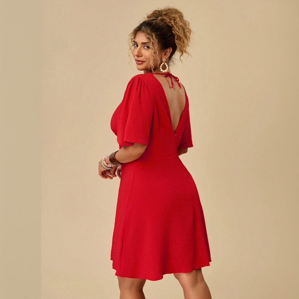 Large Size Womens Clothing 2025 Summer New Sexy V-neck Dress Red Slim Fit Short Skirt