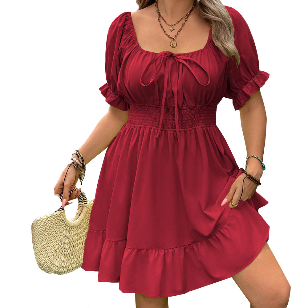 Large Size Womens Fresh and Sweet Style Wine Red Dress Summer Fairy Temperament A-line Short Skirt