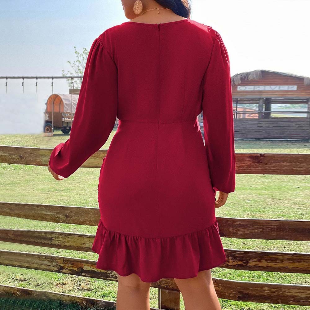 Large Size Womens Clothing with Intellectual Style Wine Red Dress Autumn and Winter Elegant Temperament Pleated Short Skirt