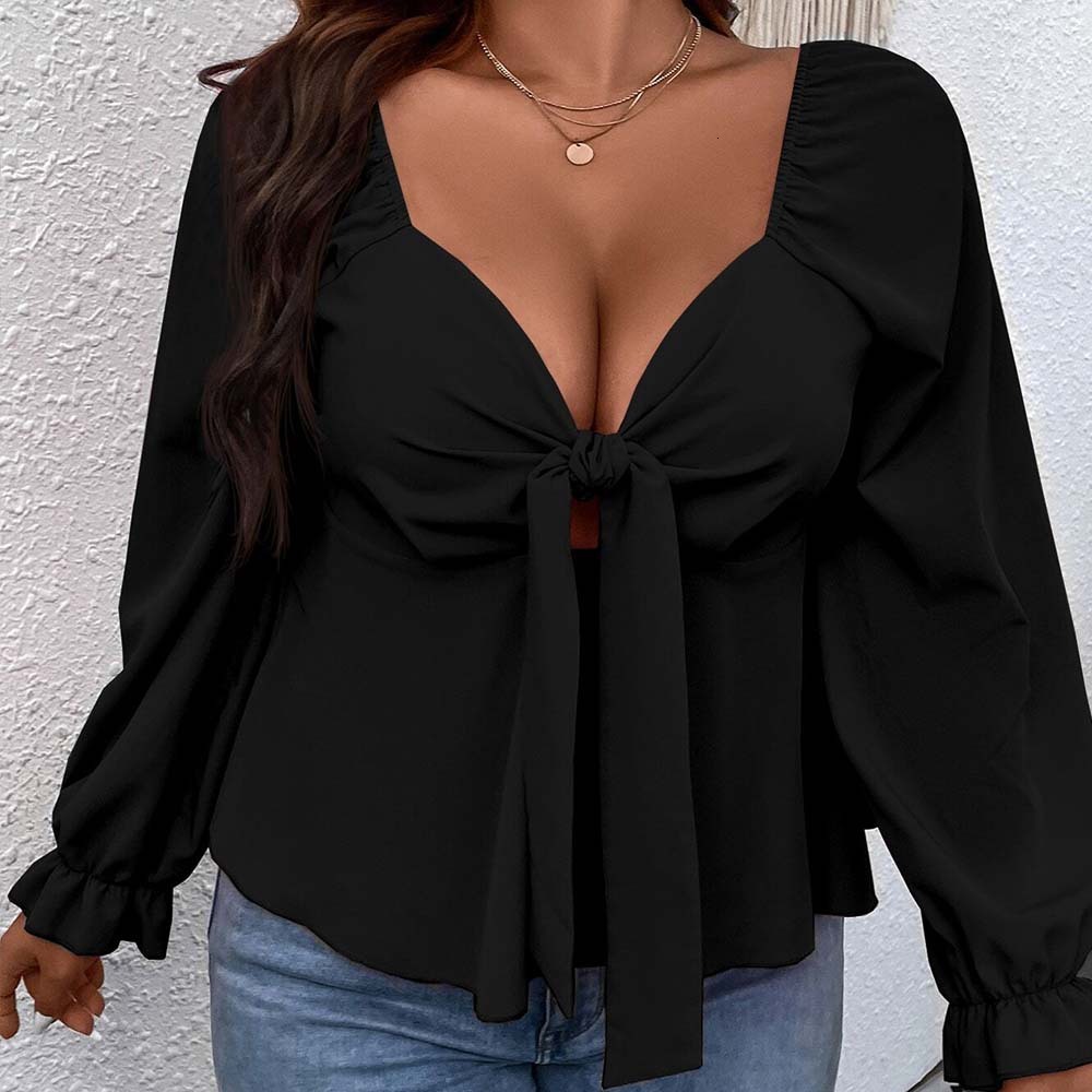 Plus Size Womens French Style Small Fragrance V-neck T-shirt Autumn and Winter Lantern Sleeves Design Sense Slimming Top