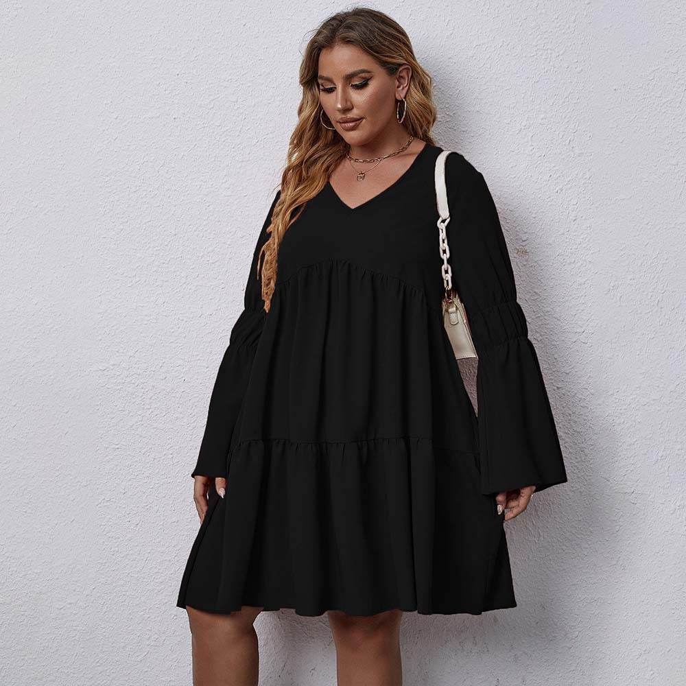 Plus Size Womens Elegant and Sweet Style Dress Autumn and Winter V-neck Loose Slimming Mid Length Skirt