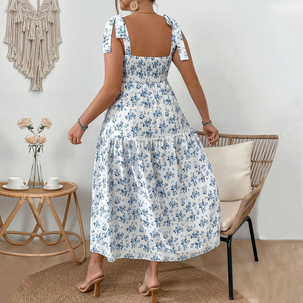 Large Size Womens Camisole Style Mid Length Skirt with Waist Cinching and Oversized Swing Printed Vacation Dress