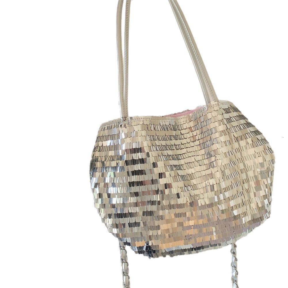 2025S designer new women trendy sparkling pink patchwork silver sequin niche large capacity commuting shoulder canvas bag handbag