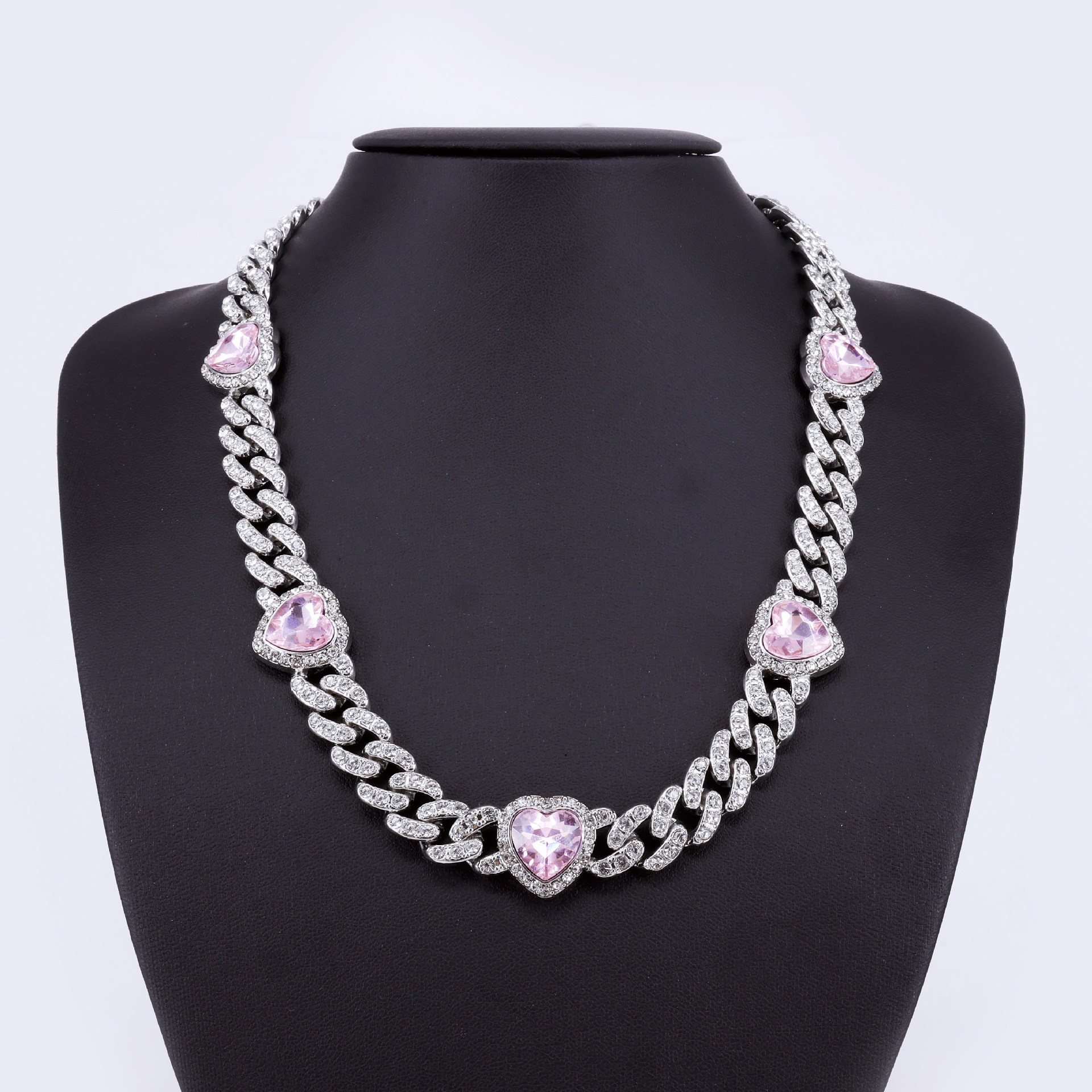 12mm Heart-Shaped Diamond Cuban Link Necklace - Trendy Hip-Hop Jewelry for Men, Pink Gemstone Accent