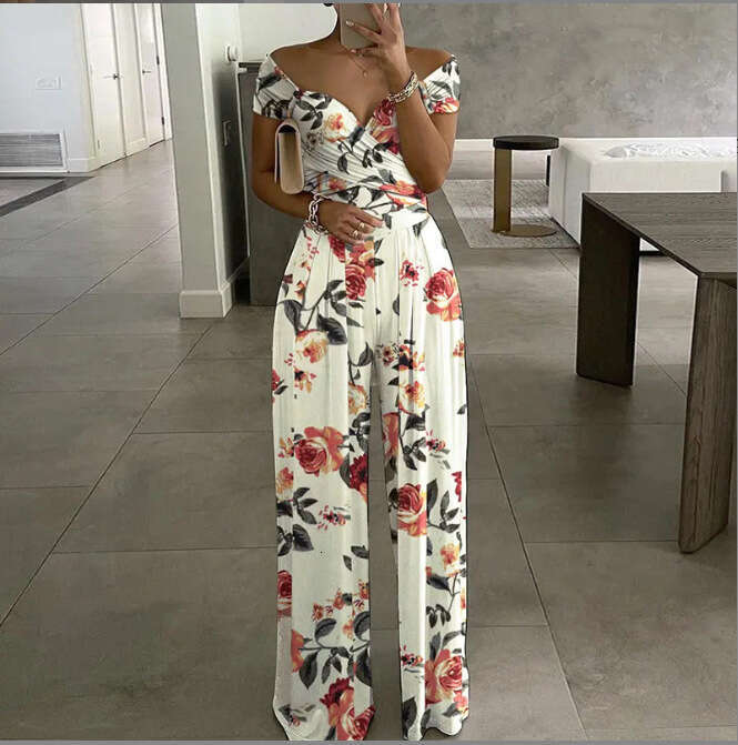 Wide Leg Jumpsuit Women S Fashion One Shoulder Printed Temperament Commuter Casual High Waist Jumpsuit For Women