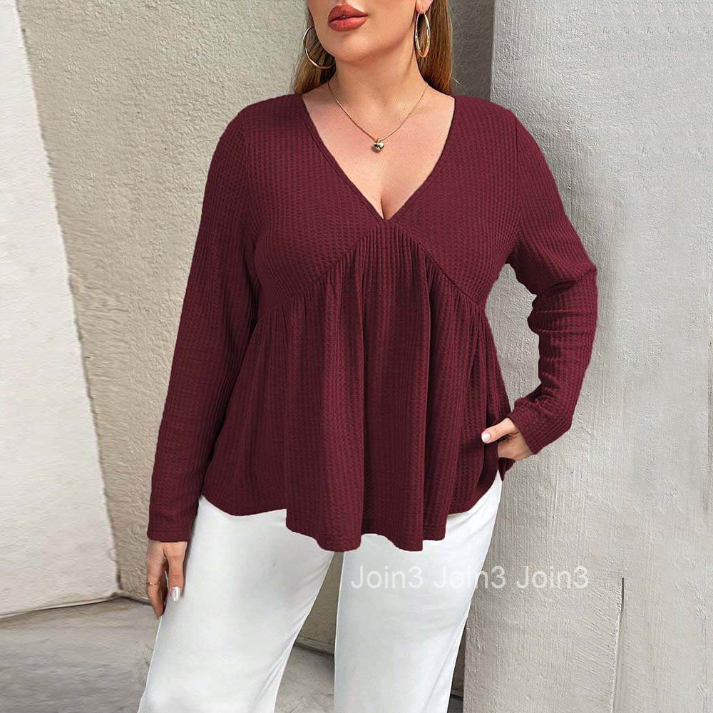 Plus Size Womens V-neck Wine Red T-shirt Autumn and Winter Casual Simple and Versatile Design Top