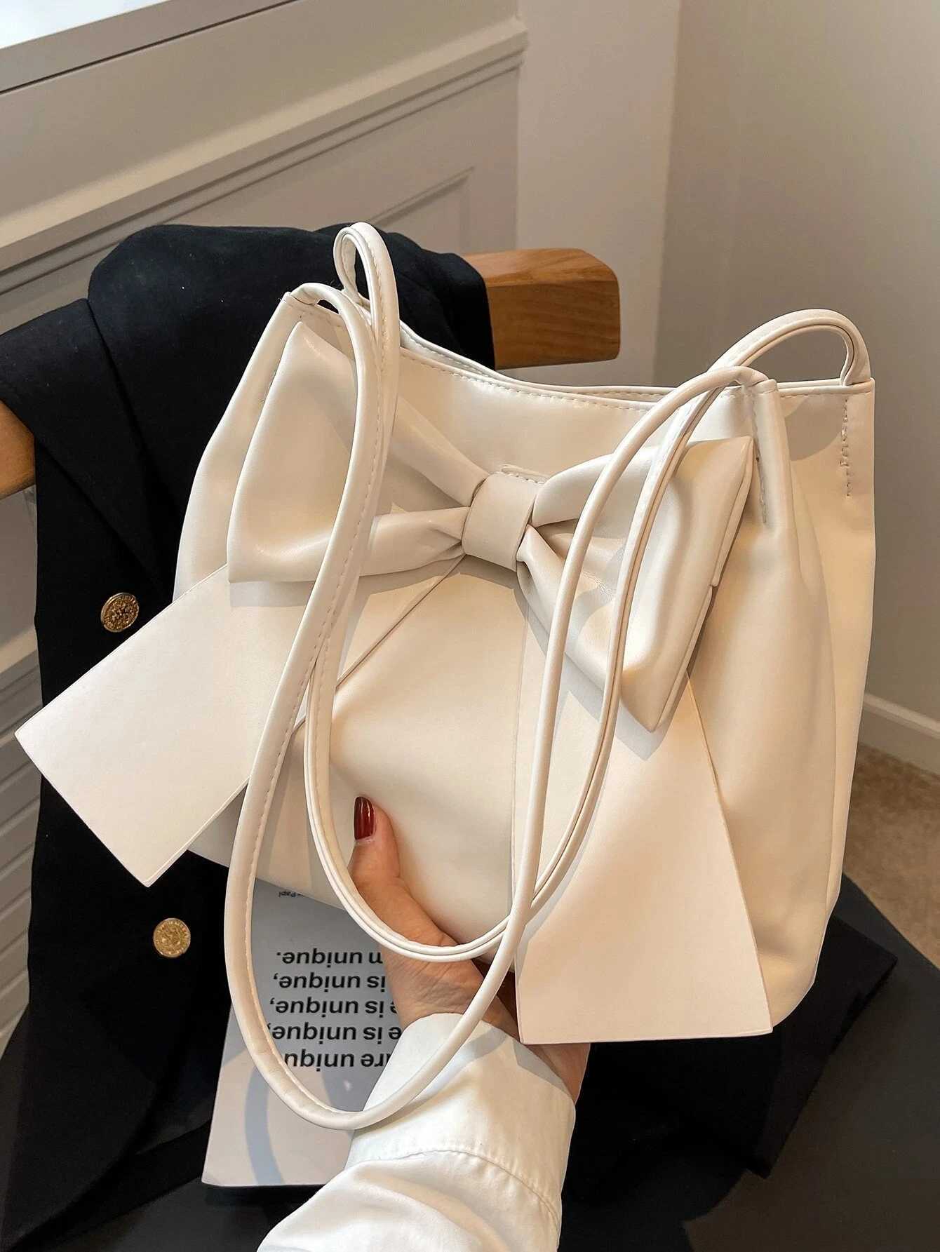 Fashionable Large Capacity Bow Knot Shoulder Bag Cute Kawaii Bow Decor Water Bucket Bag Lightweight Casual Handbag M250520