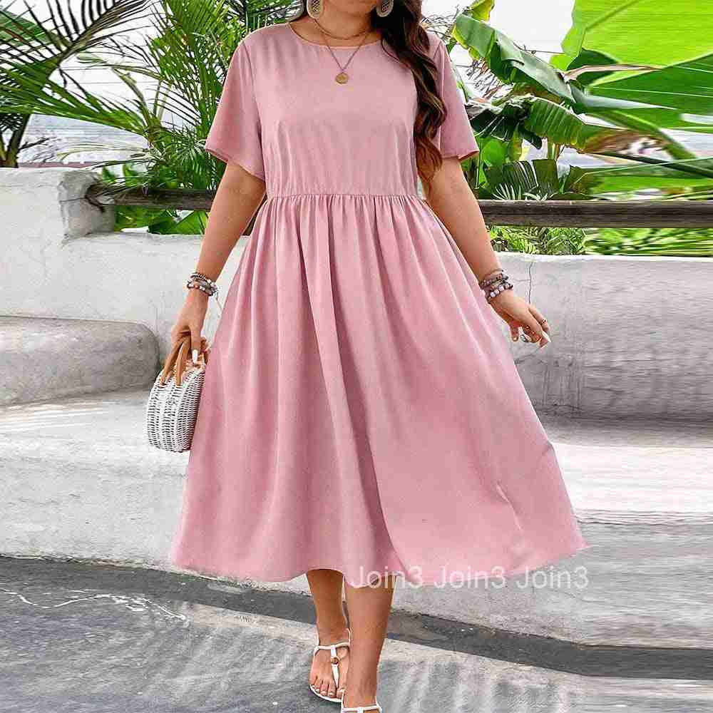 Plus Size Womens Style Neck Short Sleeved Casual Vacation Dress Summer New Collection Waist Cinched A-line Mid Length Skirt