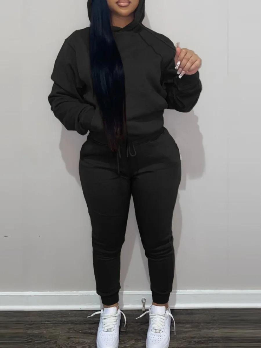 LW Plus Size Autumn winter Two pieces set Hooded Collar Kangaroo Pocket Tracksuit Set Trouser Pieces Matching Suits 250513Z