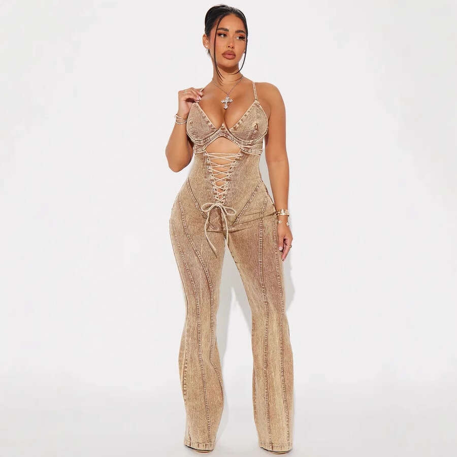 Wide Leg Jumpsuit Women S INS Hot Fashion Hollow Out Strap Waist Denim Jumpsuit