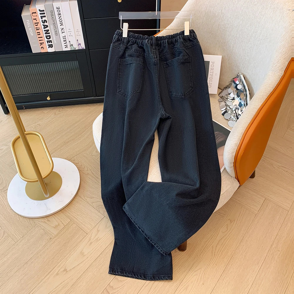 Plus-size womens fall casual commute baggy comfort jeans with button pockets straight-leg black elasticated waist pants large 250515