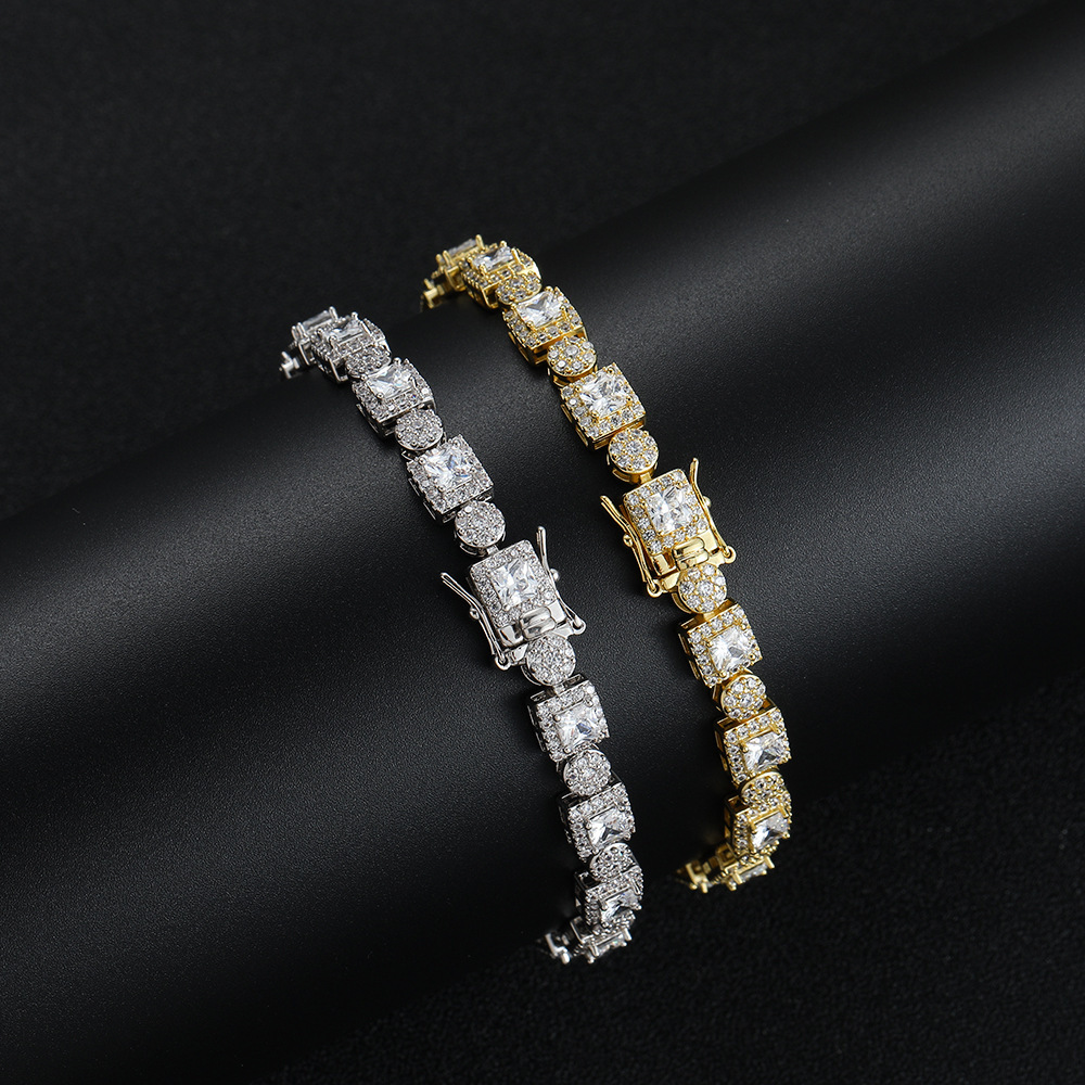 Bling Unisex Square Round Mixed Tennis Bracelet With Copper Prong Cubic Zirconia 14K Gold Hip Hop Iced Out Gemstones Chains Wristband Wolf Tide Jewelr