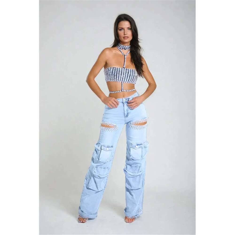 women's tassel dia cut mid waist straight leg jeans hollowed out style multi pocket elastic pants