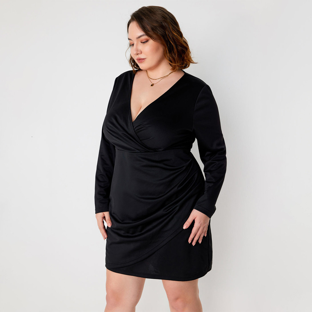 New Plus Size Womens Clothing for Autumn and Winter French V-neck Dress High Waisted Long Sleeved Hip Hugging Short Skirt