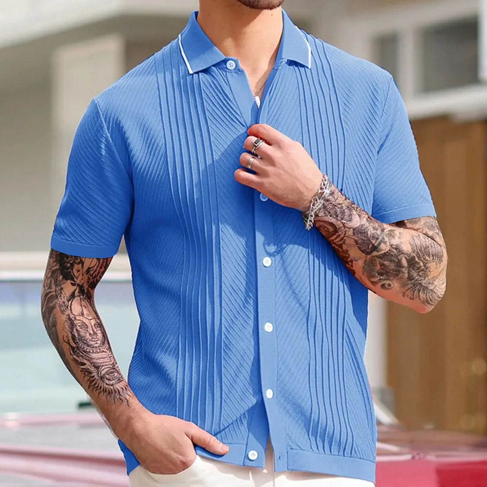 Mens Clothing Knit Short Sleeve Polo Shirt Casual Streetwear Lapel Button Down Cardigan Breathable Tops Summer Knitwear 250515
