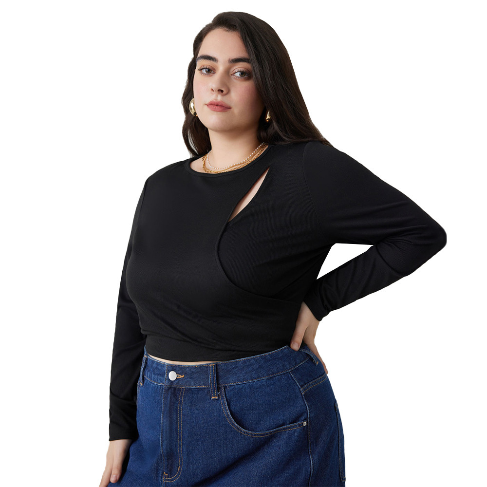 Autumn and Winter New Plus Size Womens Clothing Simple and Sexy Hollow Out T-shirt Slim Fit Long Sleeved Top