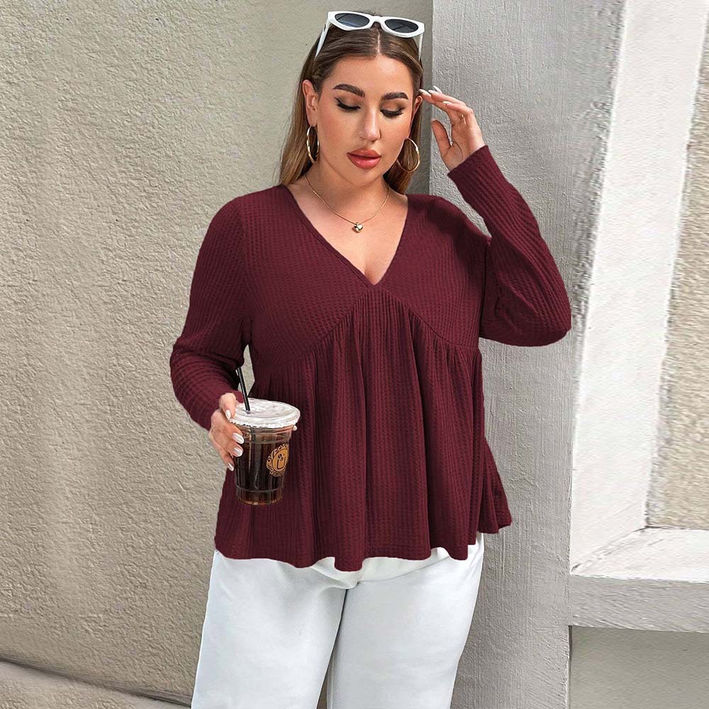 Plus Size Womens V-neck Wine Red T-shirt Autumn and Winter Casual Simple and Versatile Design Top