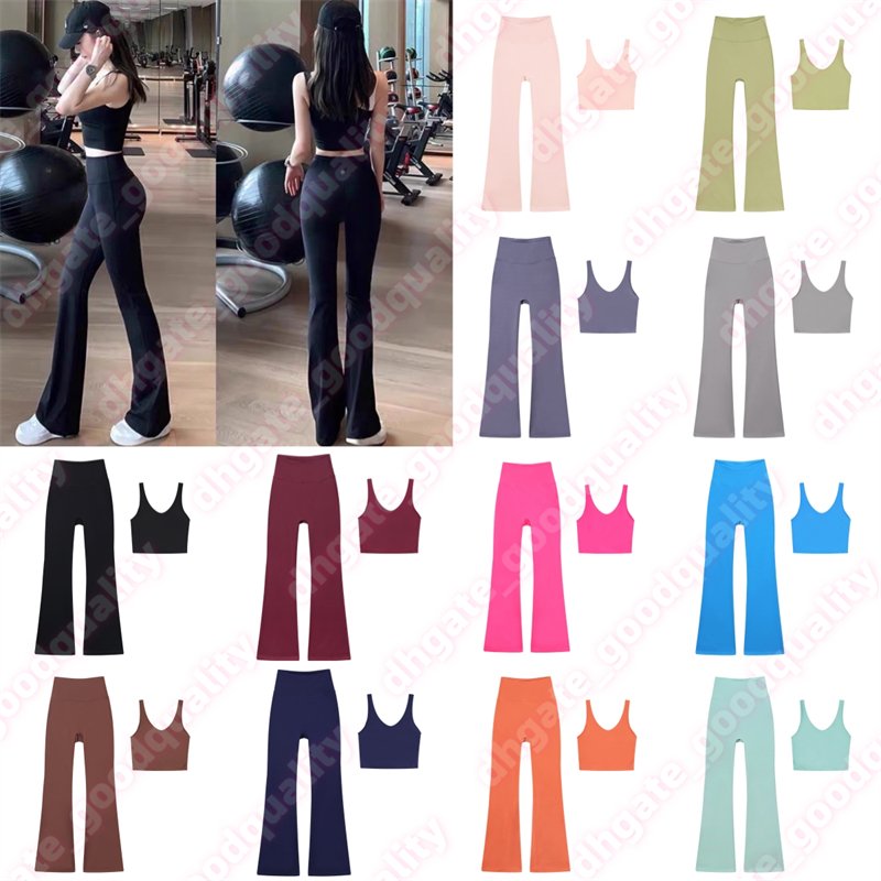 Yoga Bell bottom Pants Set Womens Yoga Pants Solid Color Fitness Clothes U-shaped Bra Shock resistant Sports Bra Tank Top Fitness Exercise Running Set