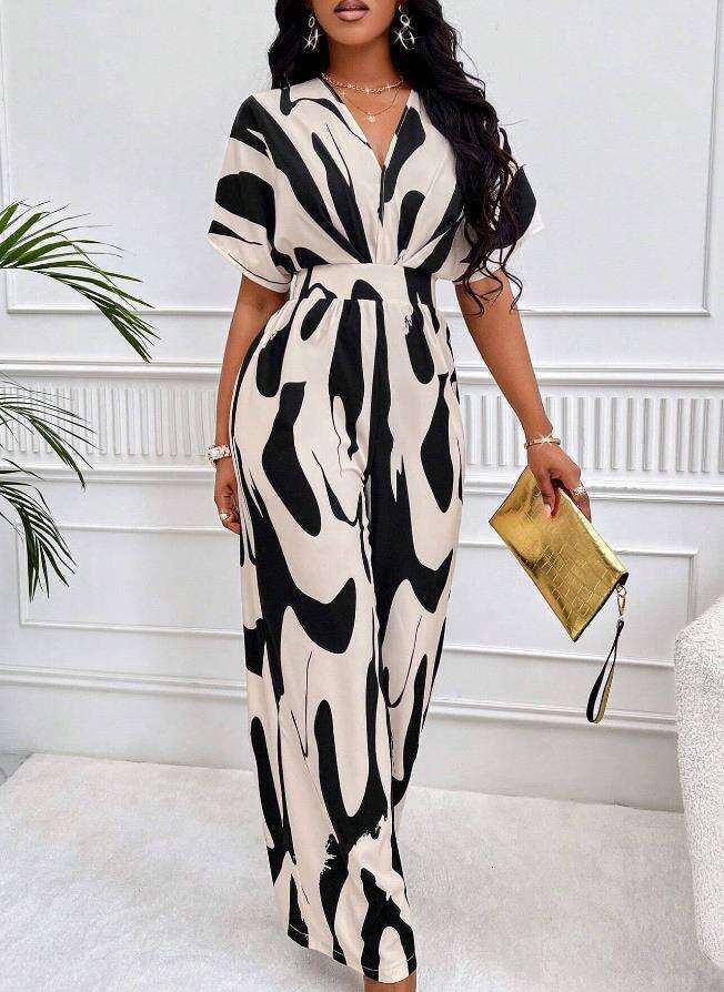 Wide Leg Jumpsuit Spring And Summer New Women S Clothing Full Body Printed Bat Sleeves Wide Leg Jumpsuit