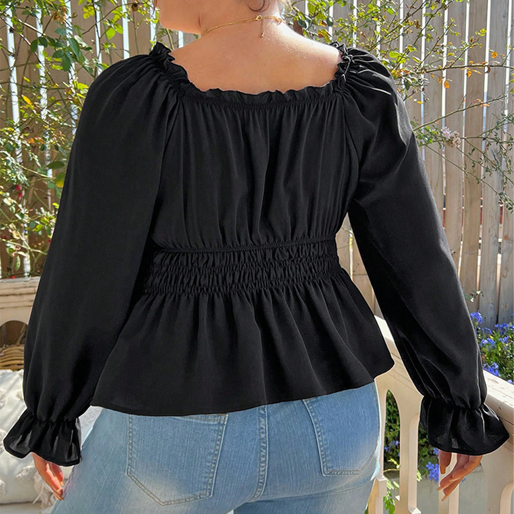 Oversized Womens Square Neck Bubble Sleeve Top with Cinched Waist for Slimming Temperament Collarbone High Waist Gentle Style T-shirt