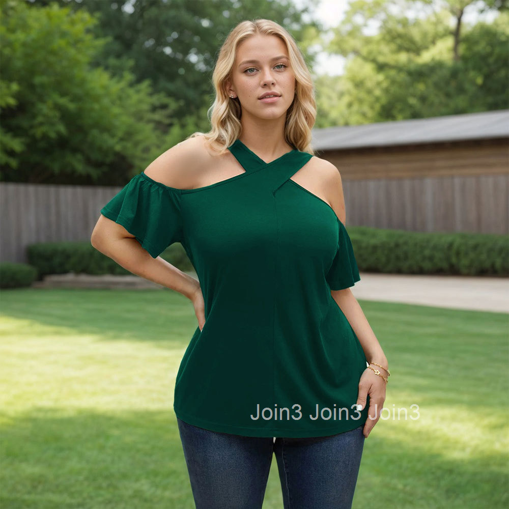 Womens Clothing 2025 Spring/summer New Elegant Style T-shirt Cross Hanging Neck Off Shoulder Top