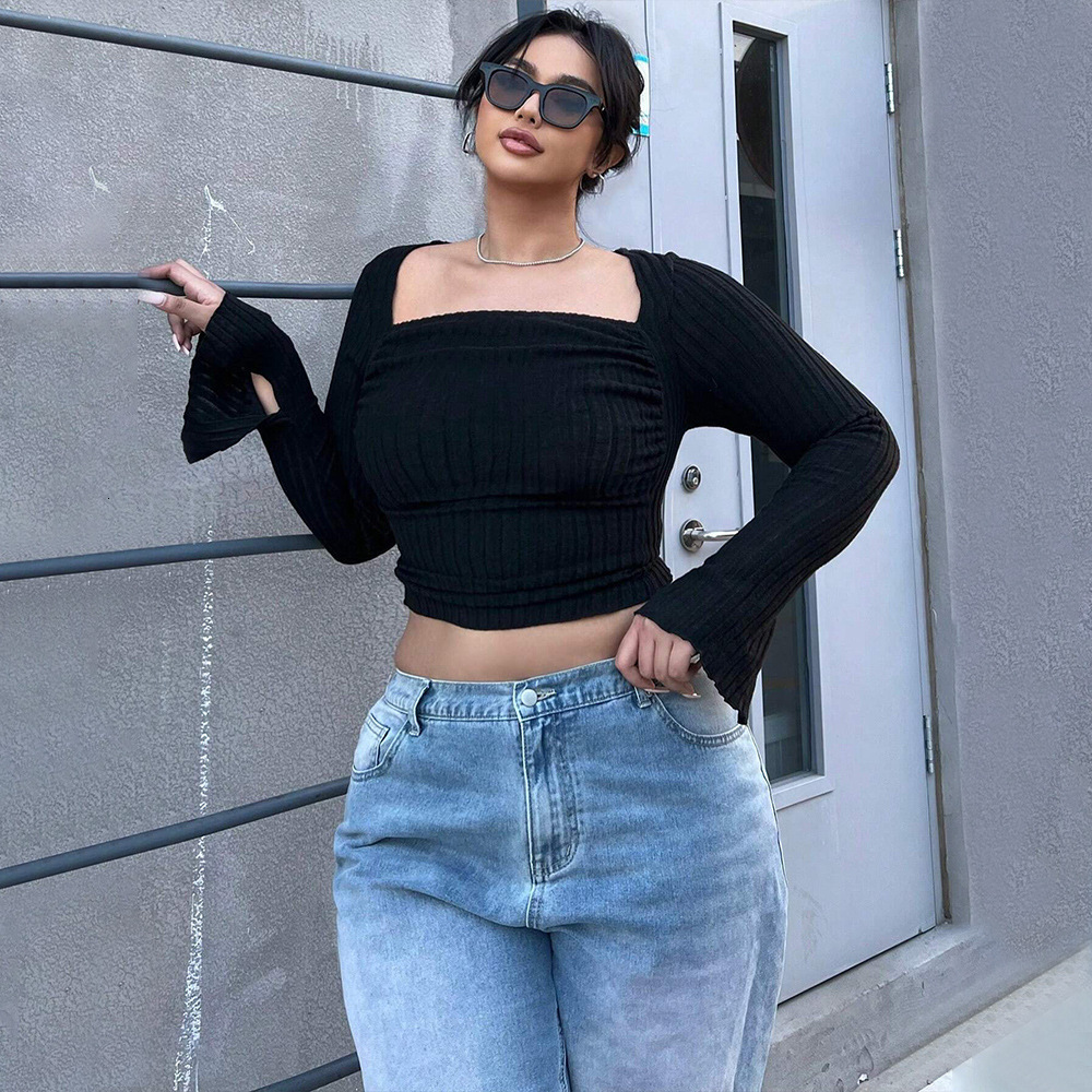 Plus Size Womens Sweet and Spicy Style Square Neck T-shirt Autumn and Winter Trend Short Style Exposed Navel Long Sleeved Top
