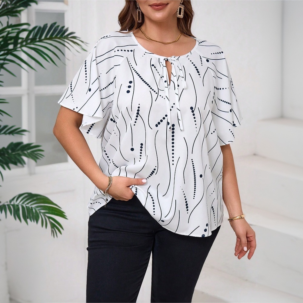 2025 Plus Size Womens Versatile Commuting T-shirt Summer Ol Professional Irregular Polka Dot Top