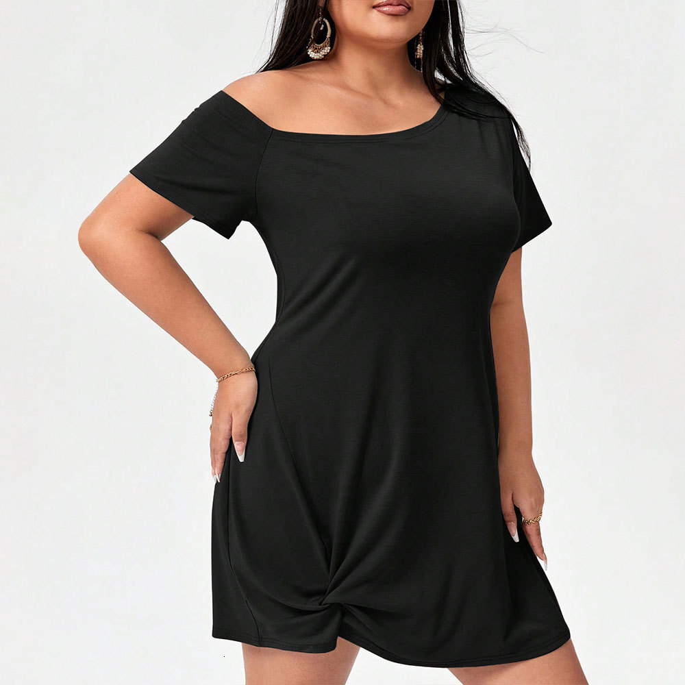 2025 Womens Round Neck Casual Spring and Summer New Loose and Comfortable Off Shoulder Dress