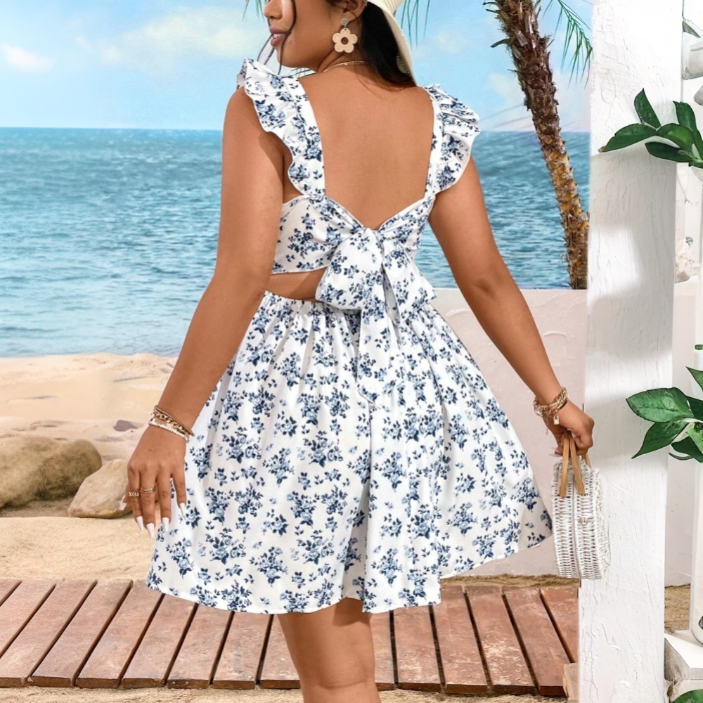 Plus Size Womens Gentle Vacation Style Dress for Spring and Summer New Square Neck Floral Mid Length Skirt