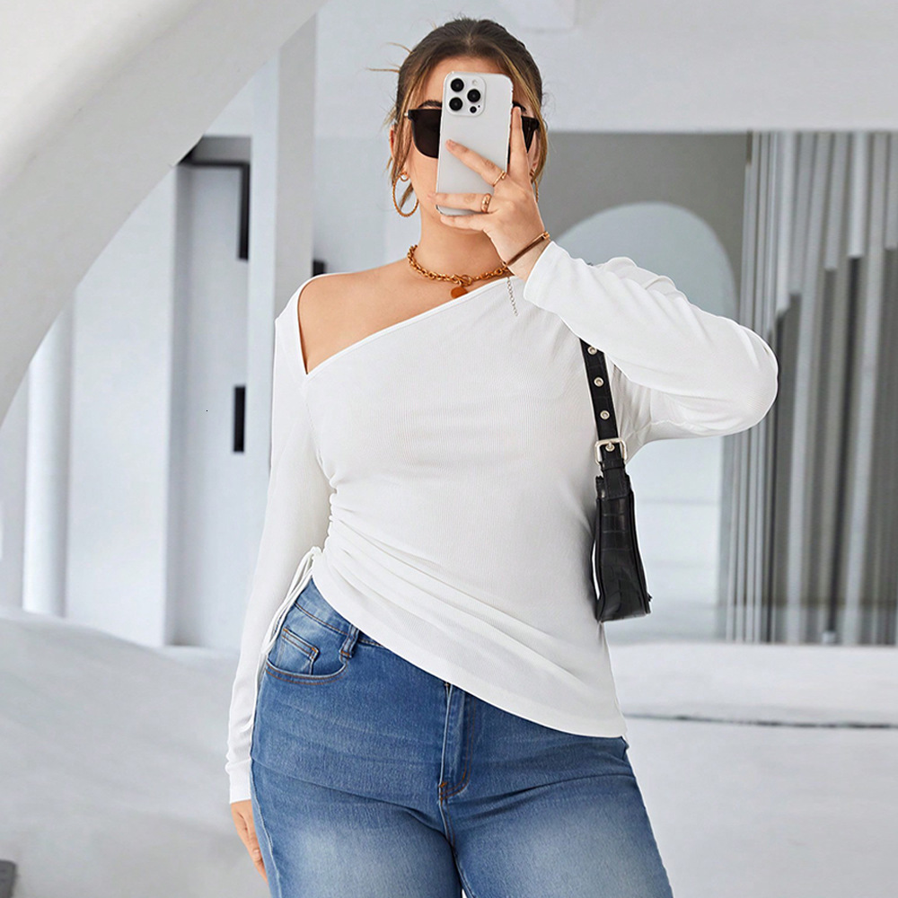 Oversized Womens Clothing Exudes a Sense of Luxury and Temperament with Slim Fit Long Sleeves Slanted Collar Off Shoulder Irregular Pleats and a T-shi