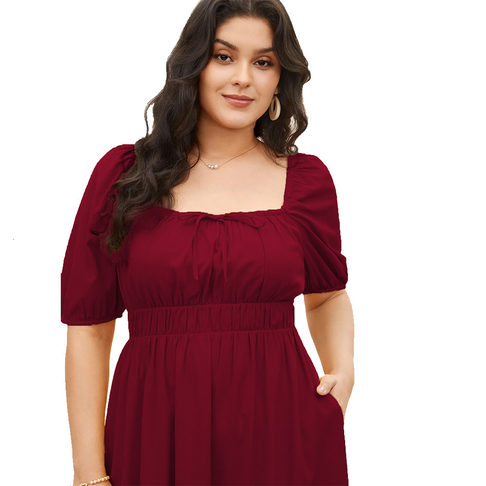 Large Size Womens Spring/summer New Square Neck Bubble Sleeve Pocket Waist French Vacation Dress