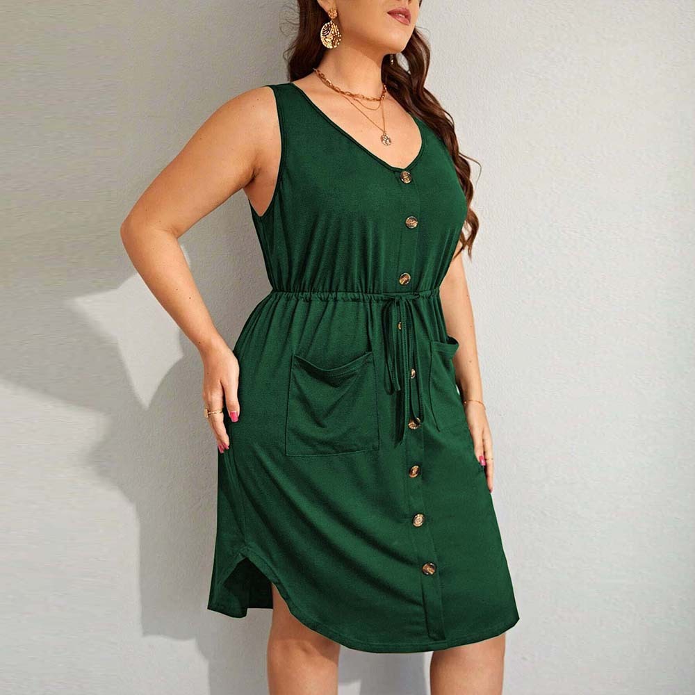 Large Size Womens Elegant Style U-neck Sleeveless Dress Summer New High Waisted Solid Color A-line Mid Size Skirt for Women