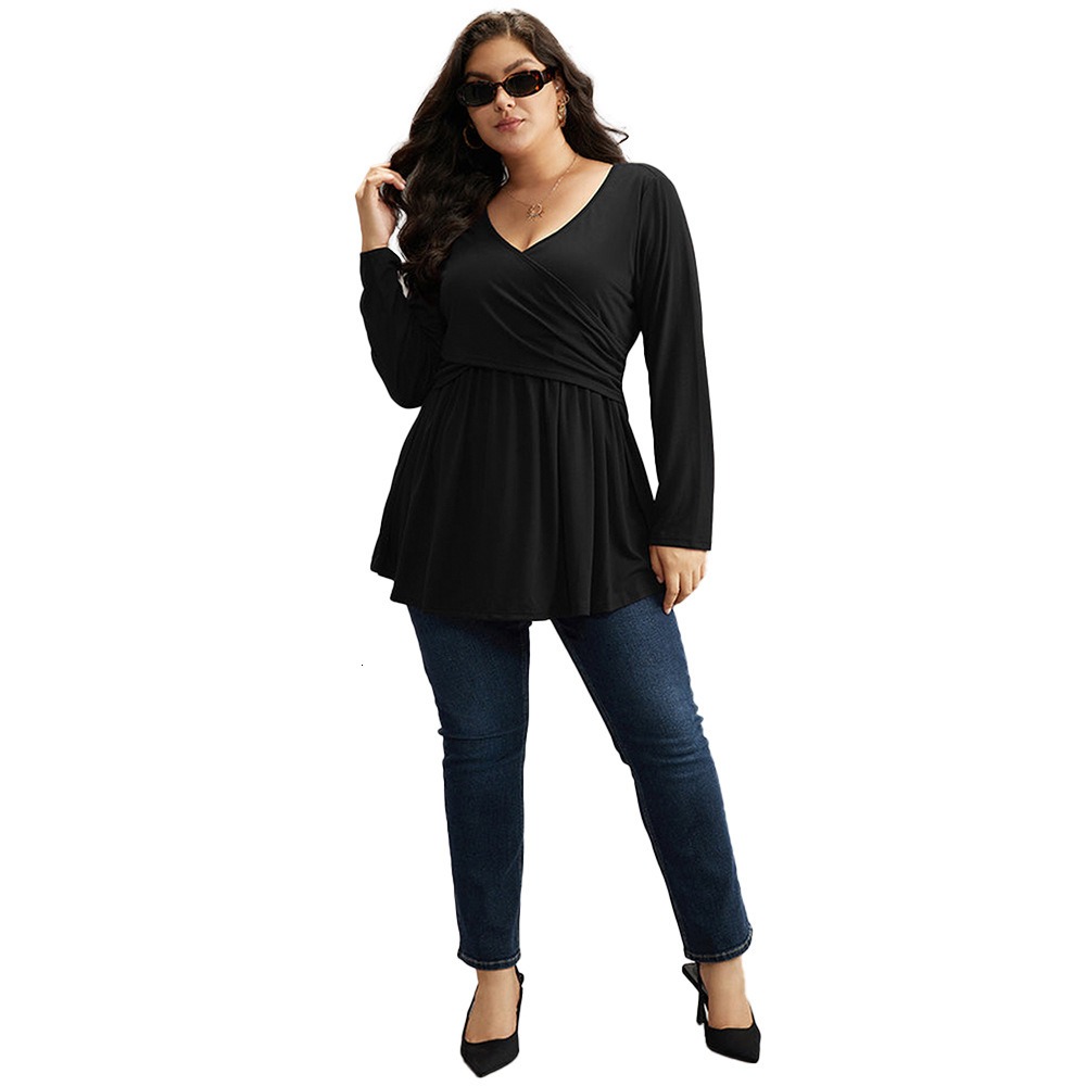 Large Size Womens Autumn and Winter Waist Cinched Ruffle Sexy V-neck Solid Color Long Sleeved T-shirt Temperament Top