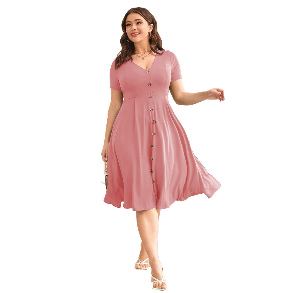 Spring/summer New Plus Size Womens V-neck Waist Cinching and Swinging Temperament Commuting Short Sleeved Dress