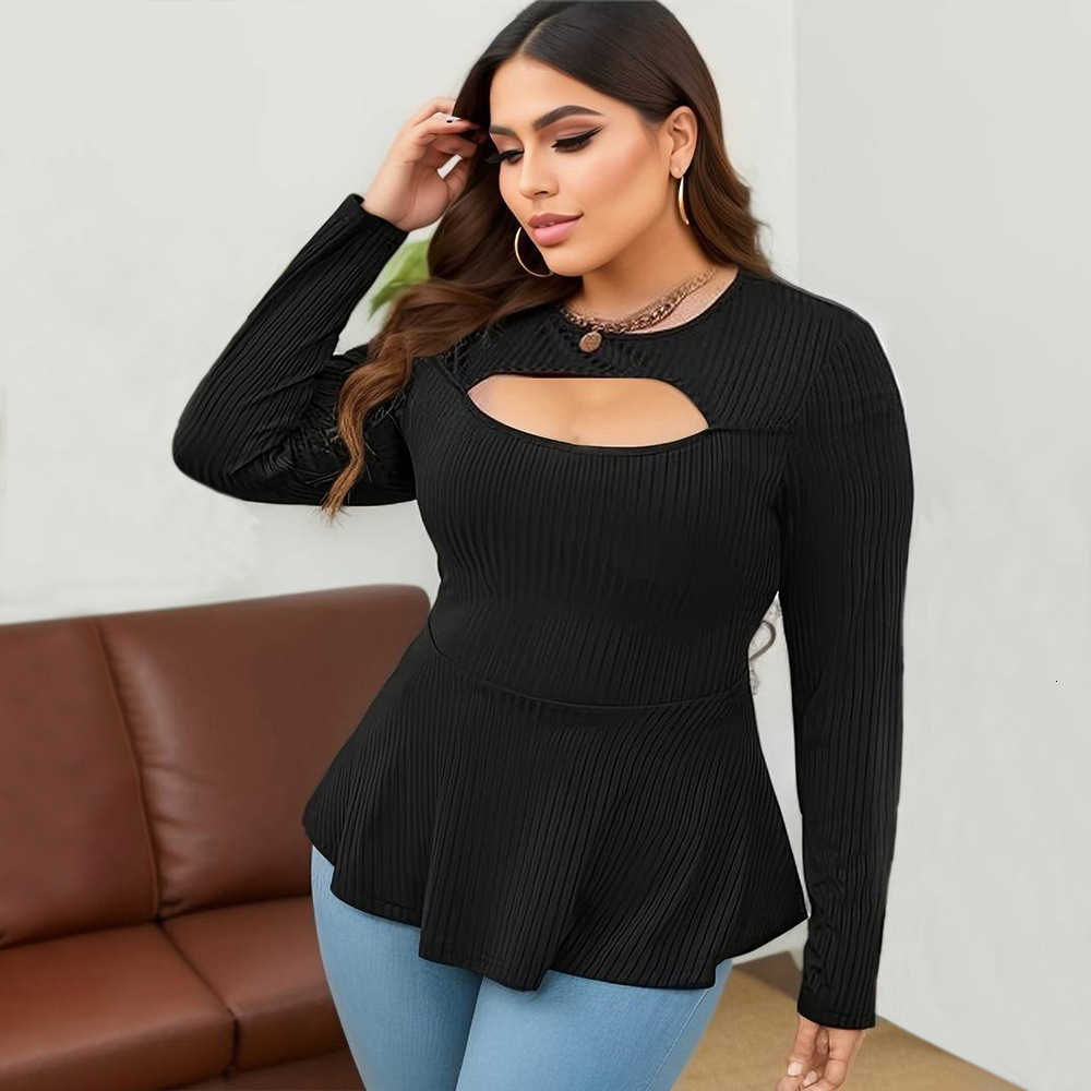Autumn and Winter Plus Size Womens Round Neck Long Sleeved T-shirt Elegant Commuting Style Slim Fit Solid Color Waist Cinching Top