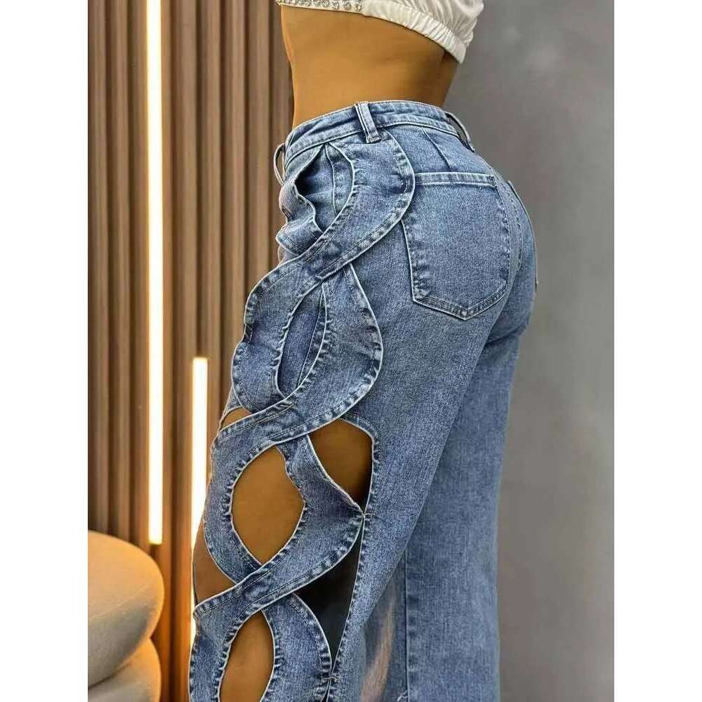 Fashion Streetwear Y2k Hollow Out Jeans Women High Waist Side Cross Cutout Wide Leg Blue Denim Pants Elegant Party Jean