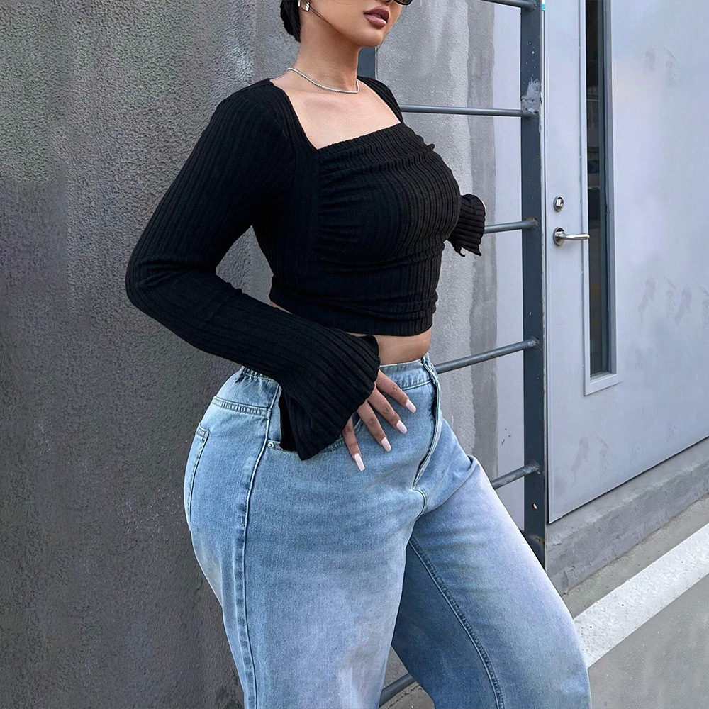 Plus Size Womens Sweet and Spicy Style Square Neck T-shirt Autumn and Winter Trend Short Style Exposed Navel Long Sleeved Top