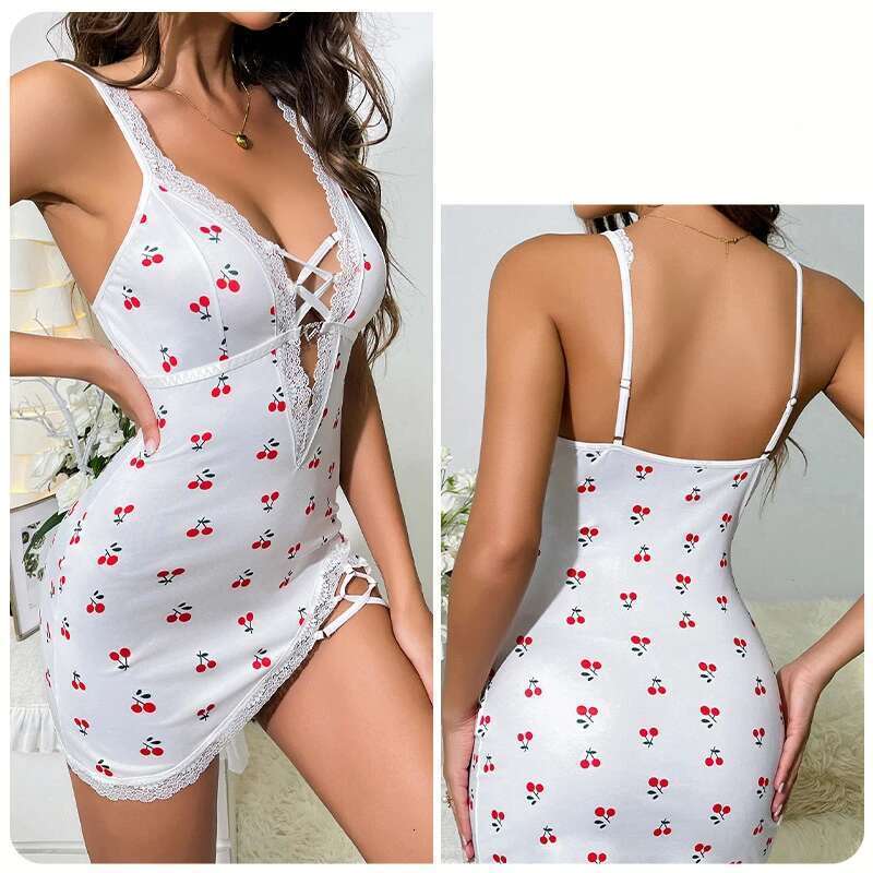 Sexy Cherry Print Nightgown Women's Lace Trim Lingerie Criss Cross Cami Mini Dress Cute Bodycon Chemise Trendy Nightwear New