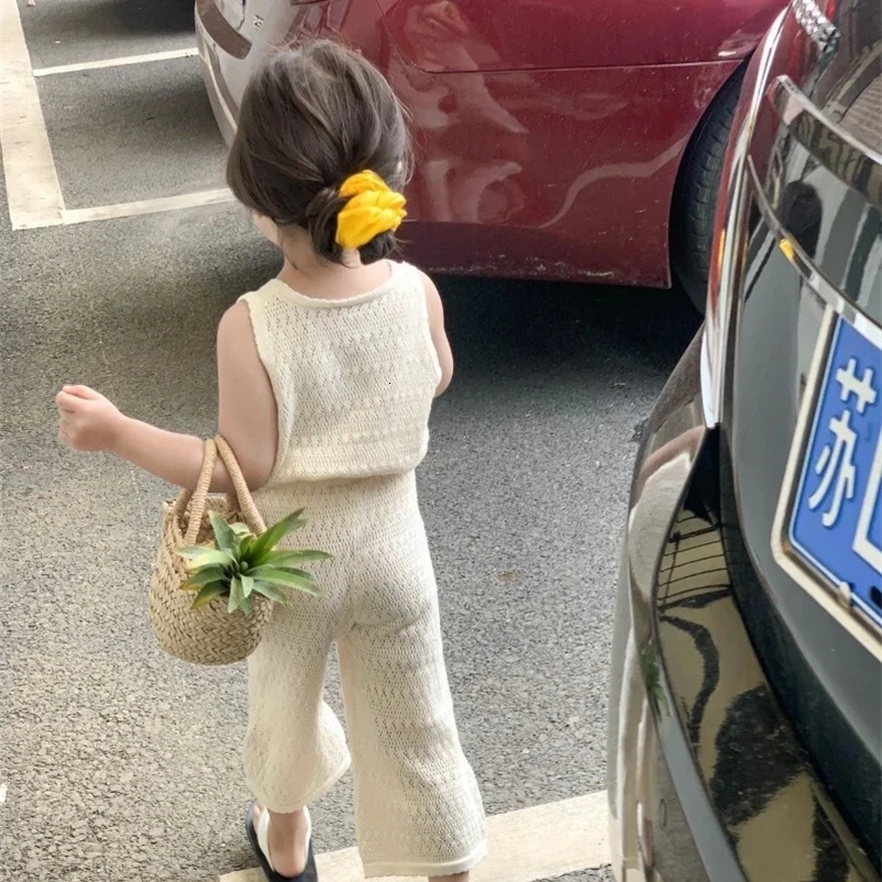 Girls Clothing Sets Summer Korean Thin Knitted Girl Set Children Hollow Breathable Vest Wide Leg Pants Two-piece Suit 250515