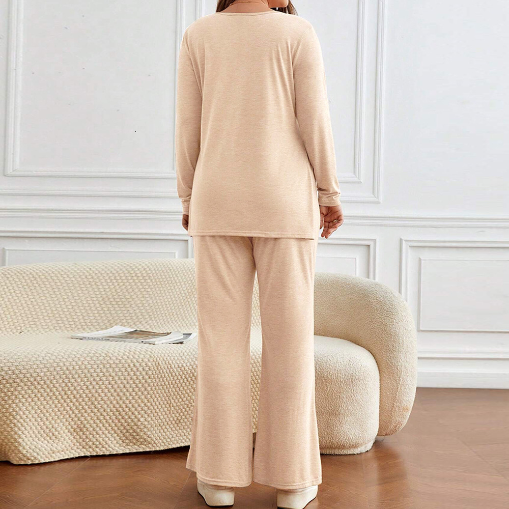 Large Size Womens Casual Round Neck Slit Long Sleeved T-shirt Top Wide Leg Pants Set Two-piece Set