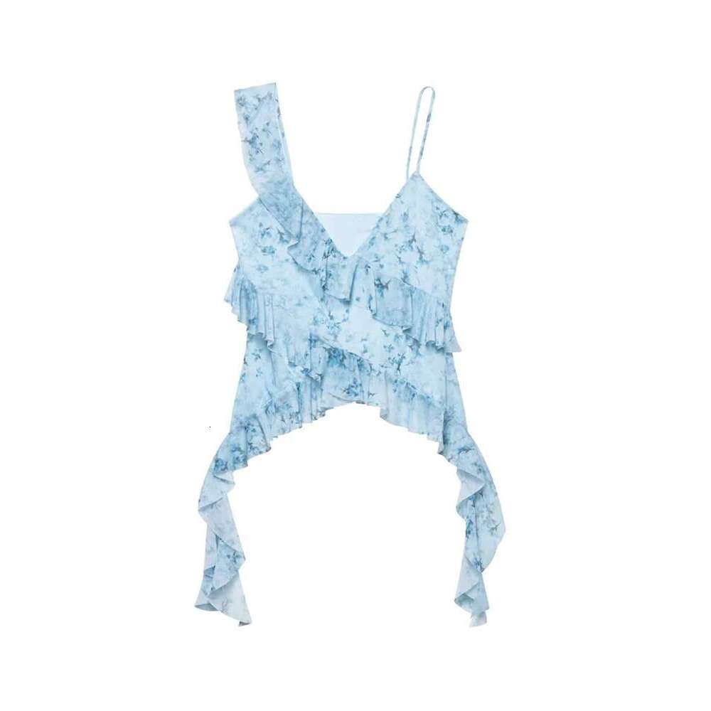 TRZA Women Fashion With Ruffles Printed Tulle Tank Tops V Neck Asymmetric Straps Female Camis Mujer