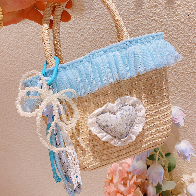 2025S designer ocean blue lace woven women beach vacation style handbag bucket bag