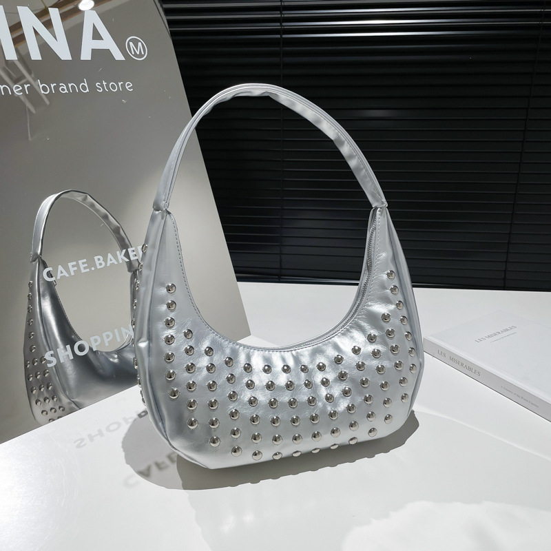 New punk style round rivet inlaid luxury bucket bag new women's underarm designer shoulder bag single shoulder crescent bag versatile commuting u