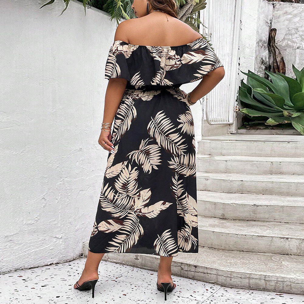 Large Size Womens New Short Sleeved One Shoulder Cinched Waist Slit Printed Dress