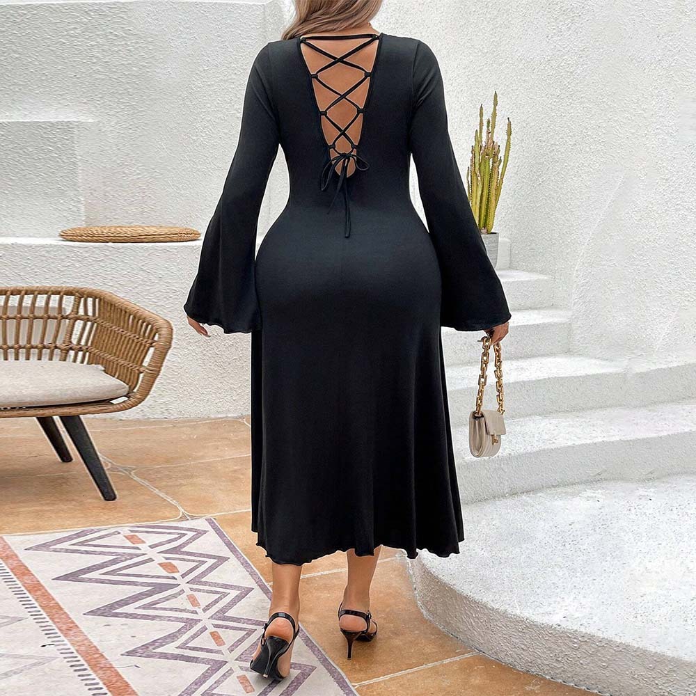 Large Size Womens Sexy and Intellectual Dress Autumn and Winter Backless Strap Waist Cinching and Slimming Mid Length Skirt