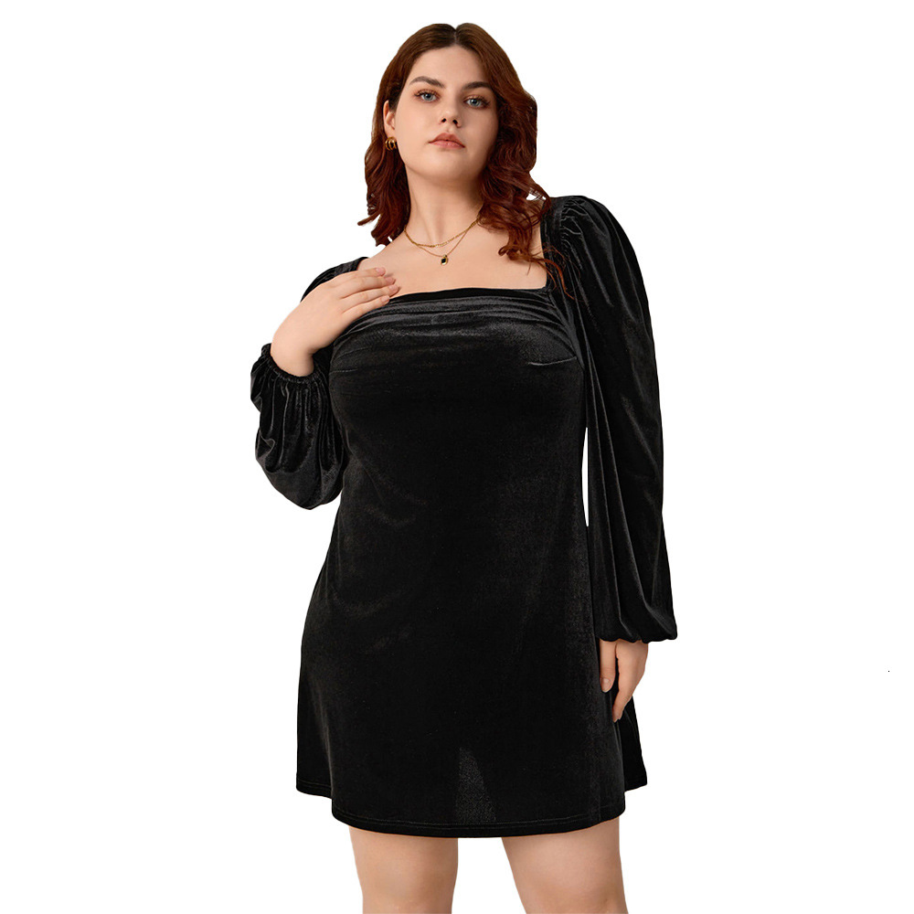 Large Size Womens Autumn and Winter Square Neck Sexy Velvet Lantern Sleeves Fit Temperament Socialite Dress